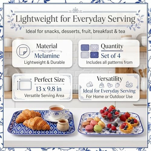 Vesici 4 Pack Blue White Melamine Serving Trays, 13 x 10 Inch Platters