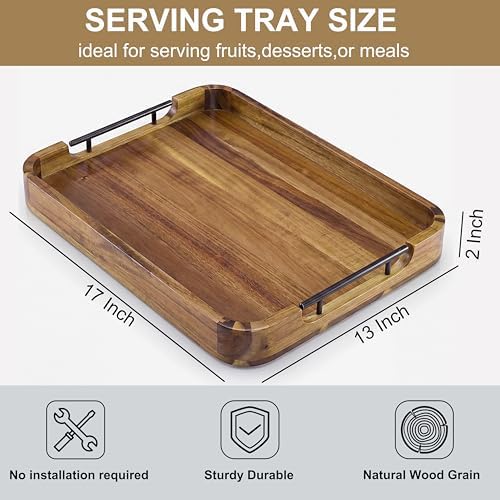 ZUJJAFY Serving Tray with Metal Handles, 17 x 13 in Acacia Wood Tray