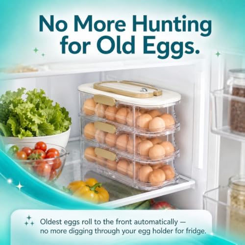 Egg Organizer for Refrigerator, 3-Tier Auto-Roll, 42 Eggs