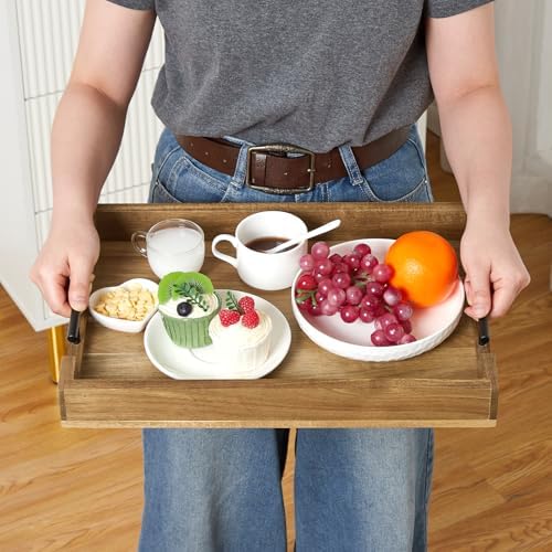 GarveeHome Acacia Serving Tray with Metal Handles, 17 in Wood Serving