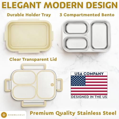 Stainless Steel Bento Box, 3 Compartments, Leakproof Clear Lid, 25 oz