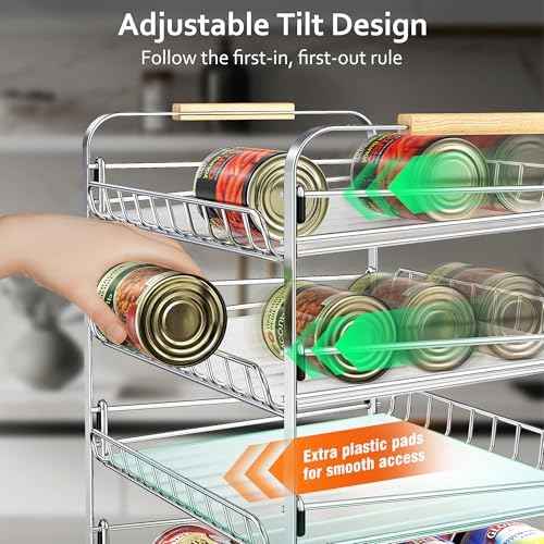 MAXIFFE 4 Tier Can Organizer for Pantry, 16.9" W×11.5" D×16.7" H, Space-Saving Adjustable Metal Hold 40 Standard 12-oz Cans Storage Rack Holder for Countertop Kitchen Soda Drinks Fruits, Chrome