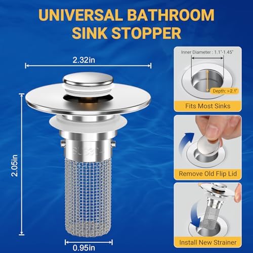 2PCS Bathroom Sink Stopper Strainer, Stainless Steel