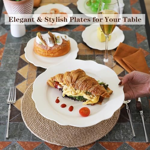 10.5” White Porcelain Large Dinner Plates Leave Wave Rim Set of 8