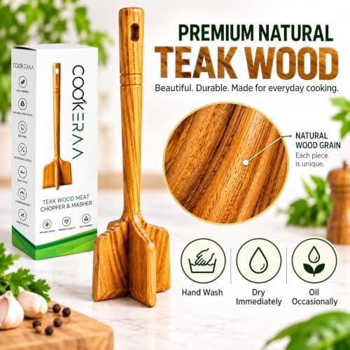 Teak Wood Meat Masher, Ground Beef Chopper & Chicken Shredder Tool