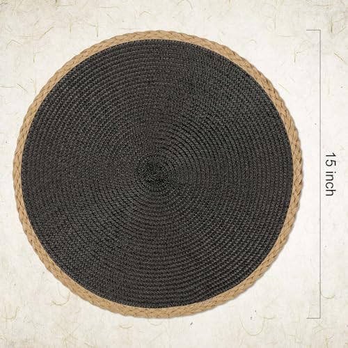 Round Placemats Set of 6, Woven Table Mats, Thin Edge, Black