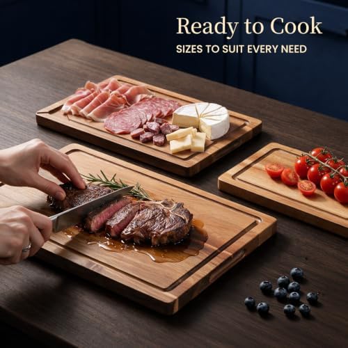 Kikcoin Food Safe Acacia Wood Cutting Board Set, Reversible Tray