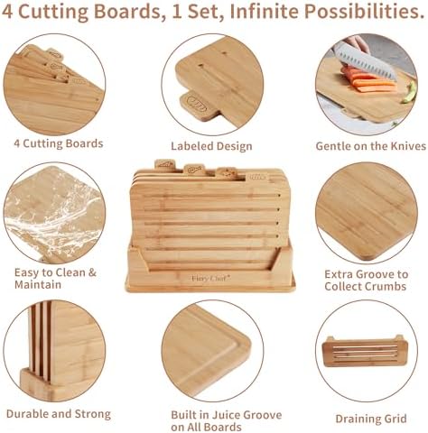 4 Piece Bamboo Cutting Boards Set with Food Icons & Stand, 12.6"L x