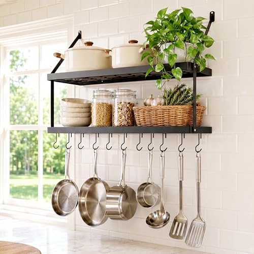 KES 2-Tier Wall Pot Rack, 30-Inch, 100 Lbs Load, Heavy-Duty, Matte Black