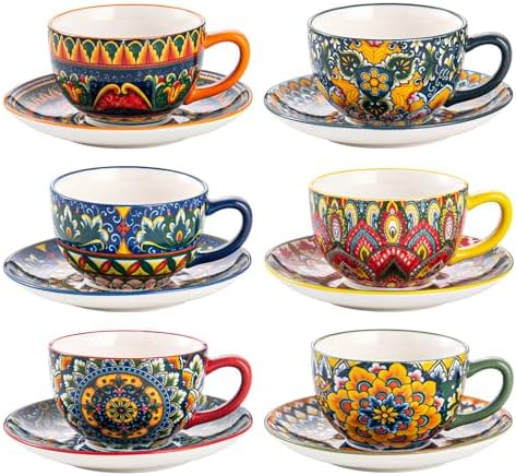 Henten Home 8.5 oz Ceramic Cappuccino Cups, Latte Cup with Saucers Set
