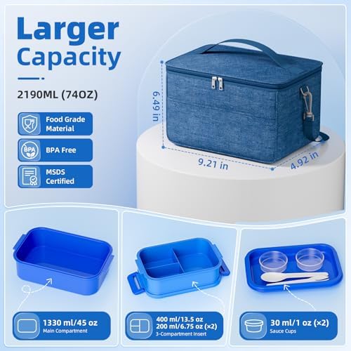 74 OZ Bento Lunch Box with Lunch Bag, Blue