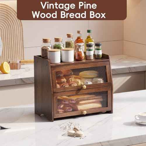 Bread Box for Kitchen Countertop, Double Layer Pine Wood Breadbox