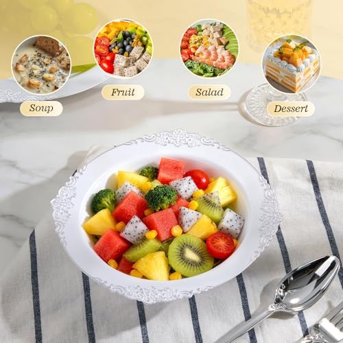Bestluck 100 Pack White Plastic Bowls with Silver Relief Rim