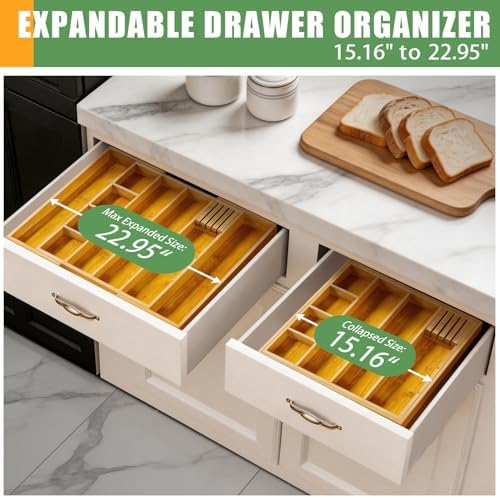 Bamboo Expandable Drawer Organizer, 15"-22" Storage Tray