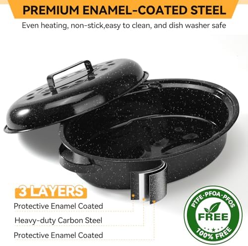 15.4” Turkey Roasting Pan With Rack and Lid, Enamel Carbon Steel