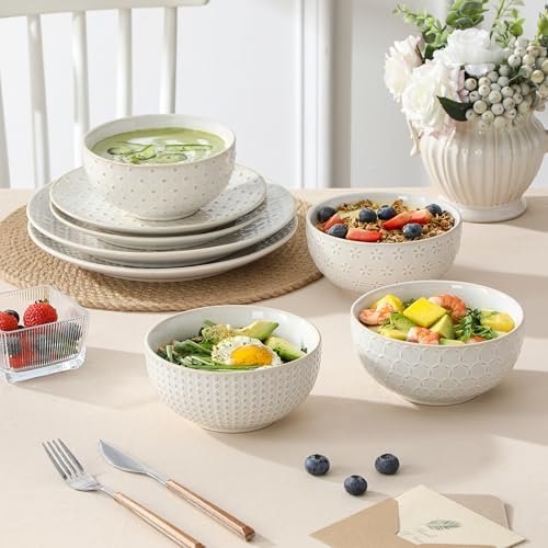 MALACASA 24-Piece Farmhouse Dinnerware Set for 8, Embossed White Stoneware Plates and Bowls Sets, Vintage Relief Ceramic Dish Set, Chip-Resistant, Microwave & Dishwasher Safe
