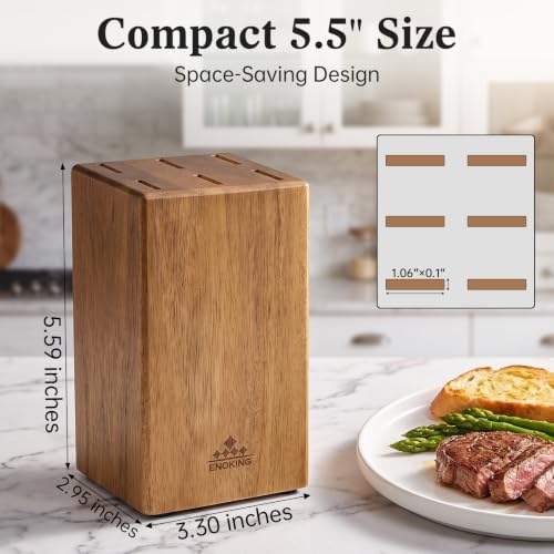 ENOKING 6-Slot Steak Knife Block, Acacia Wood