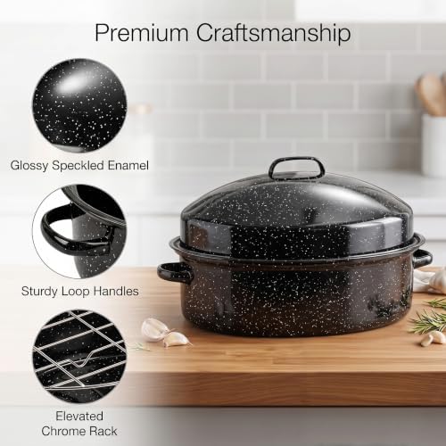 19.3" Large Roasting Pan with Rack and Lid, Granite Enameled Roaster