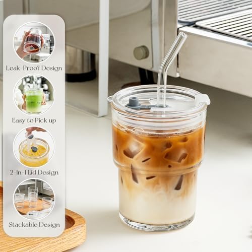 KEMORELA 13 oz Matcha Glass Cups with Lids and Straws, Iced Coffee