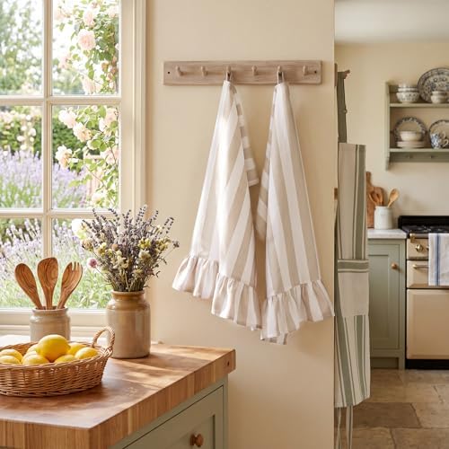 Brown Striped Kitchen Towels Set of 2, 100% Cotton Ruffled