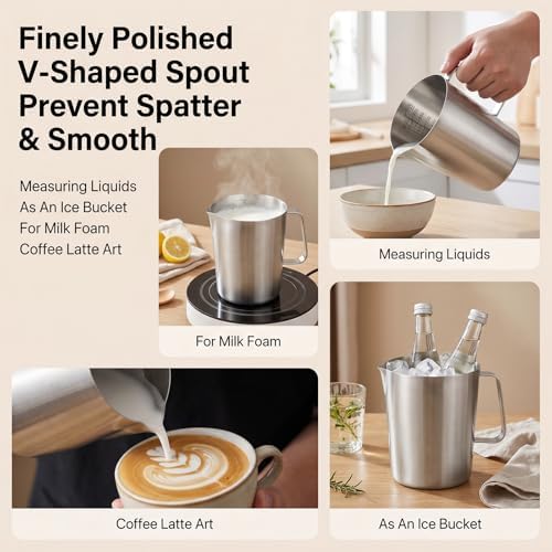 304 Stainless Steel Pitcher with Lid, 34 oz / 1L Metal Measuring Cup