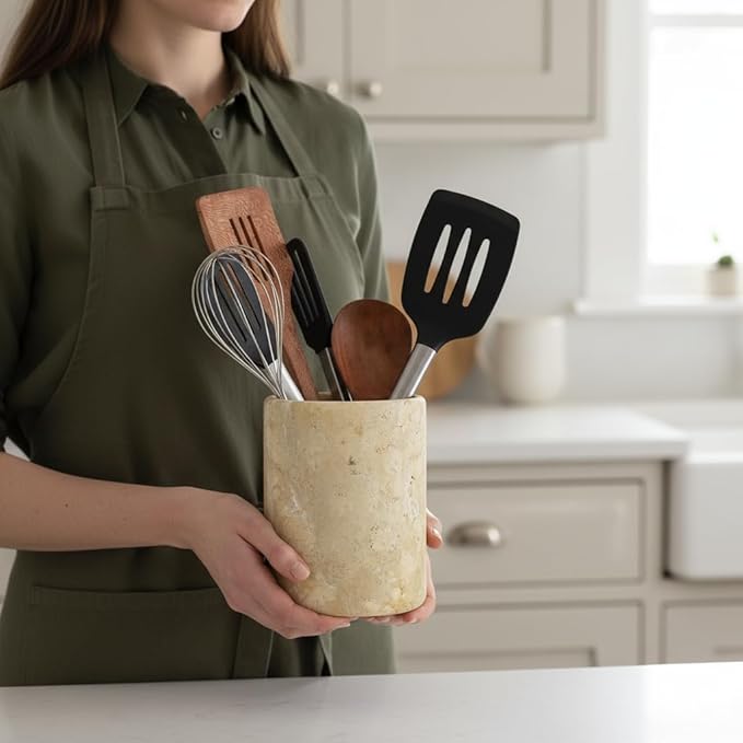 Marble Utensil Holder 6.5 Inch Travertine Utensil Caddy, Wooden Cooking - Image 3