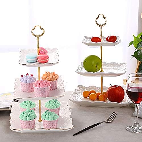 Sumerflos 3-Tier Square Porcelain Cake Stand, White Rimmed with Gold