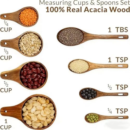 Acacia Wood Measuring Cups and Spoons Set, 8 Piece Handcrafted Wooden