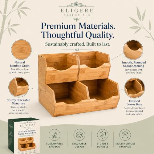 3 Piece Stackable Bamboo Pantry Storage Bins, Potato and Onion