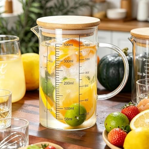 500ML Glass Measuring Cup with Bamboo Lid/OZ/Cup/ML Scales&V-Spout