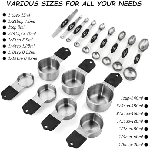 Magnetic Measuring Cups and Spoons Set of 16 Includes 7pcs Stainless