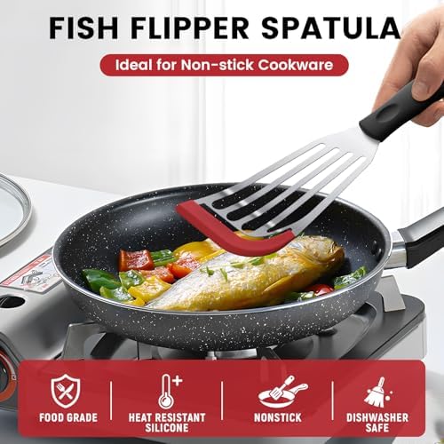 2Pcs Fish Spatula, Heat Resistant Silicone Edge for Nonstick Cookware