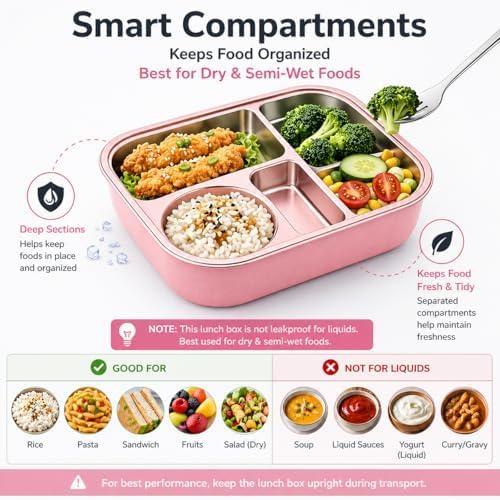 WALKA Stainless Steel Bento Lunch Box, 4 Compartments, Pink