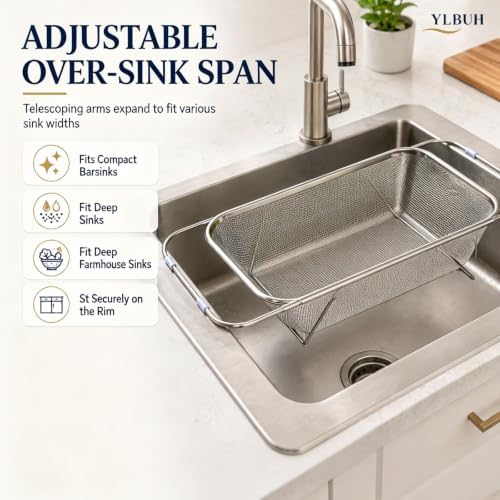 Stainless Steel Telescopic Drainer Basket, Over the Sink Mesh Colander
