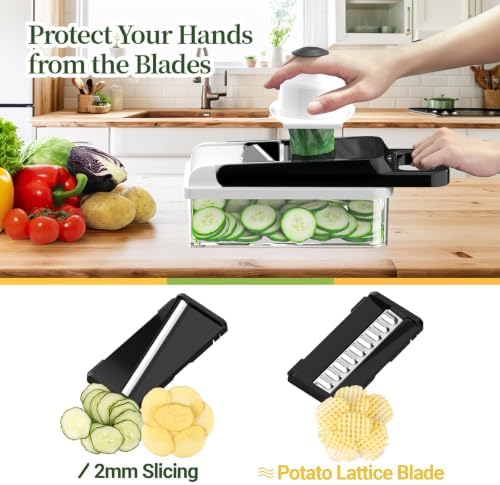 12-in-1 Vegetable Chopper 7 Blades, Veggie Cutter with Handle, Black/White