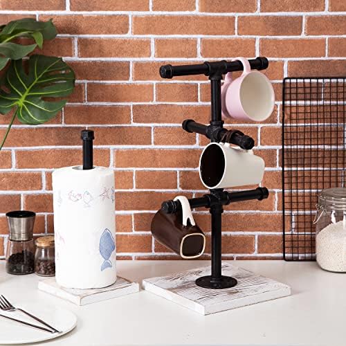 Mug Hanging Rack Kitchen Paper Towel Holder 2 Piece Industrial Black
