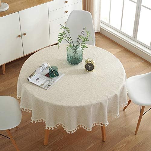 AMZALI Cotton Linen Fabric Tassel Round Tablecloth Dust-Proof Table