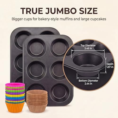 2 Pack Jumbo Muffin Pan, 6 Cup Nonstick Texas Muffin Pans with 12
