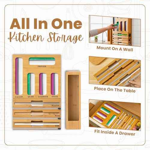 9 in 1 Storage Bag Organizer for Kitchen Drawer, Bamboo Foil and Plastic Wrap Dispenser with Cutter, Food Storage Bag Organizer for Quart, Gallon, Sandwich & Snack Bags, Aluminum Foil Organizer
