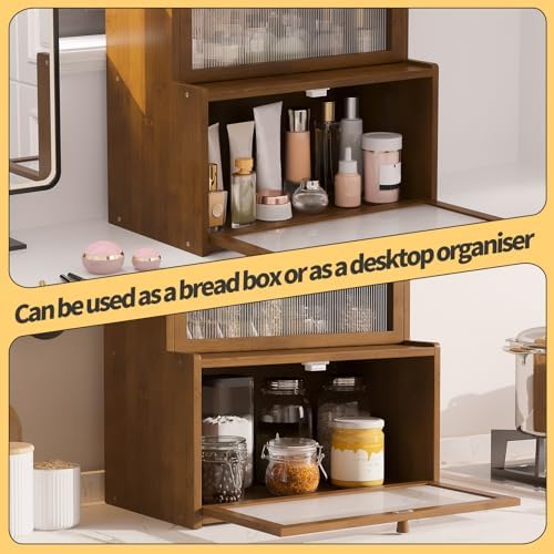 Double Layer Bamboo Bread Box for Kitchen Counter,Bread Holder,Countertop Bread Storage with Window (Brown)