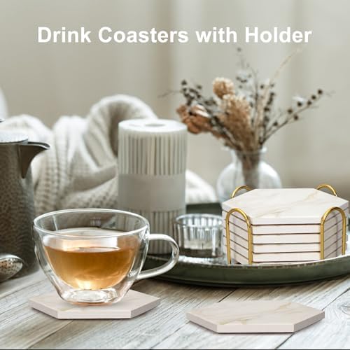 6 Pcs White Marble Coasters Set with Holder Hexagon Ceramic Drink