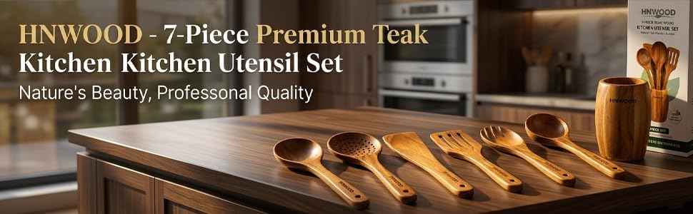 7-Piece Teak Wood Cooking Utensil Set with Holder