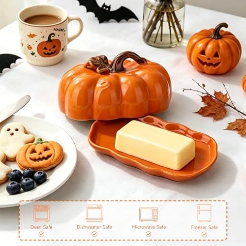 Butter Dish with Lid, Ceramic Halloween Pumpkin Butter Container
