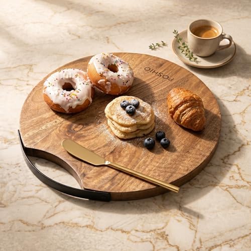 POSHIO Wooden Serving Platter Tray 14 Inch Round with Metal Handle