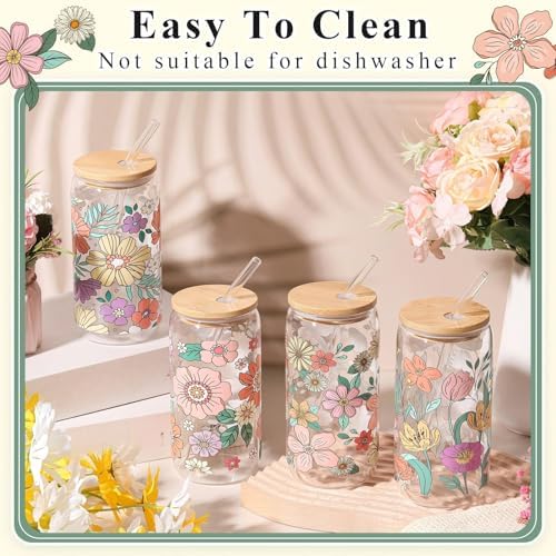 Mumufy 4 Pack Bohemian Flower Glass Cup, 16 oz Tumbler Mug with Bamboo