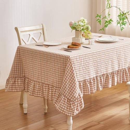 Deep Dream Gingham Ruffled Table Cloth 60 x 84 Inches, 100% Cotton