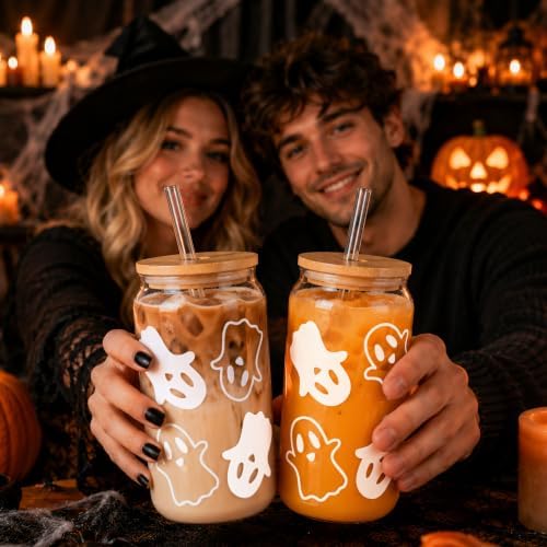 2-Pack Halloween Ghost Glass Cups with Lids& Straws, Boo Basket