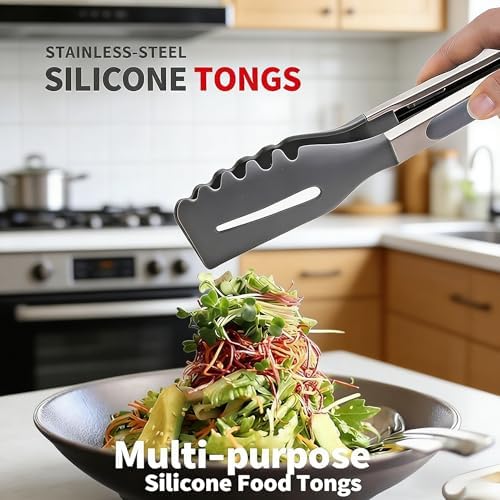 3-in-1 Silicone Kitchen Tongs Set of 2, 11 and 14 Inch, Gray