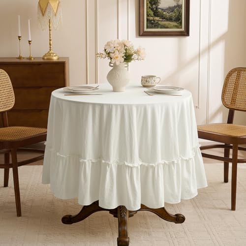 Romanstile Ruffled Round Tablecloth, White, 70 Inch