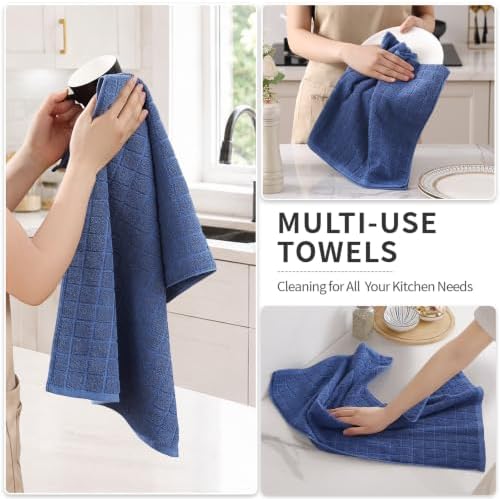 Kitinjoy Premium Cotton Check Kitchen Towels 6 Pack, 16" x 28", Navy